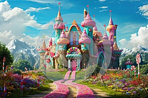 Magical candy castle, with peppermint buttresses, licorice spires, and a gumdrop path leading to the entrance