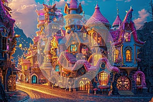 Magical castle, buildings from candy and the streets are paved with gold