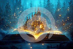 Magical castle emerges from open book enchanted forest fantasy art dreamy night whimsical viewpoint imagination photo