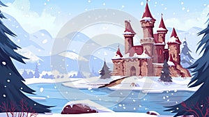 A magical castle on a frozen river bank in winter. Fantasy fortress, medieval architecture, falling snow. Modern
