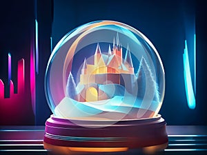 A magical castle inside a glowing glass snow globe, surrounded by vibrant neon lights. Christmas spirit and New Year holidays