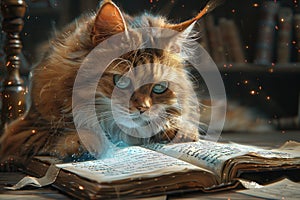 A magical cat with glowing eyes reading a spell book in an ancient library, for a mystical pet-themed game