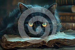 A magical cat with glowing eyes reading a spell book in an ancient library, for a mystical pet-themed game