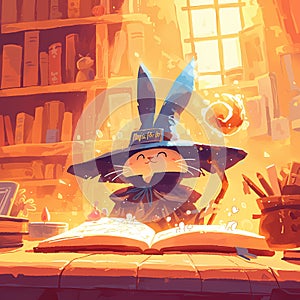 Magical Cat Wizard Reading Spells, Fantasy Illustration