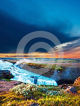 Magical charming bright colorful  landscape with a famous Gullfoss waterfall in the sunrise in Iceland. Exotic countries. Amazing