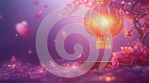 Magical cherry blossom lantern with floating petals and soft pink glow