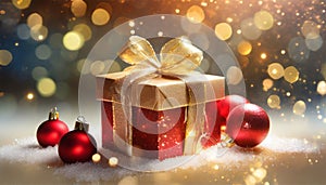 Magical Christmas Gift Background With Red Baubles