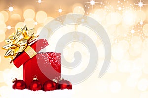 Magical Christmas Gift Background With Red Baubles