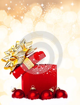 Magical Christmas Gift Background With Red Baubles