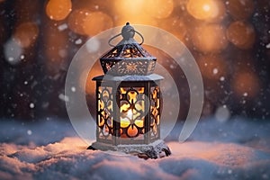 Magical Christmas lantern glowing in a snowy winter night. Generative AI