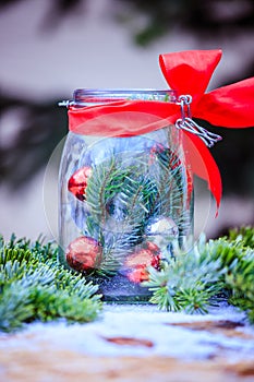 Magical Christmas market: Decoration with Christmas bauble on a wooden desk