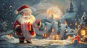 Magical Christmas Night: Santa Claus Giving a Gift Box