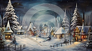 Magical Christmas night scene. Winter village landscape.