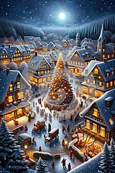Magical Christmas night in snowy village with Christmas tree