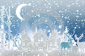 Magical Christmas paper cut winter background landscape with houses, trees, deer and snow in front of night starry sky background.
