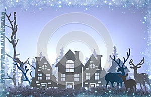 Magical Christmas paper cut winter background landscape with houses, trees, deer and snow in front of white lights background.