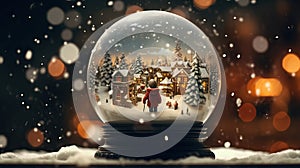 Magical Christmas scene with winter snow globe, sparkling lights