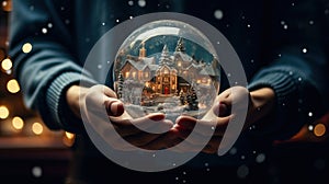 Magical Christmas scene young girl holding winter snow globe, sparkling lights