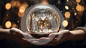 Magical Christmas scene young girl holding winter snow globe, sparkling lights