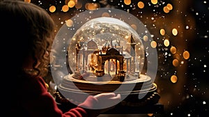 Magical Christmas scene young girl holding winter snow globe, sparkling lights