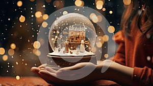 Magical Christmas scene young girl holding winter snow globe, sparkling lights