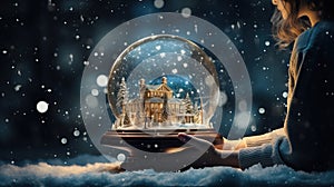 Magical Christmas scene young girl holding winter snow globe, sparkling lights