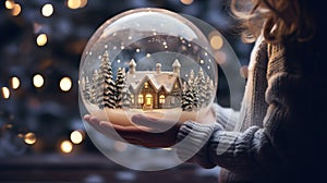 Magical Christmas scene young girl holding winter snow globe, sparkling lights