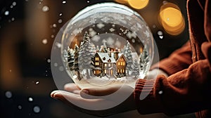 Magical Christmas scene young girl holding winter snow globe, sparkling lights