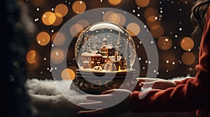 Magical Christmas scene young girl holding winter snow globe, sparkling lights