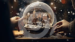 Magical Christmas scene young girl holding winter snow globe, sparkling lights