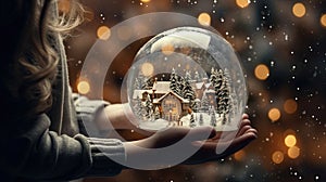 Magical Christmas scene young girl holding winter snow globe, sparkling lights