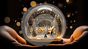 Magical Christmas scene young girl holding winter snow globe, sparkling lights