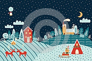 Magical christmas village. Magical winter landscape. Winter landscape evening, hills, houses, forest, reindeers, Santa