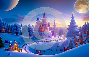 A magical city of dreams beyond imagination that is happy, peaceful and beautiful on Christmas day. Christmas fantasy cartoon