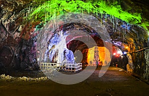 Magical colorful lighting inside Khewra salt mine