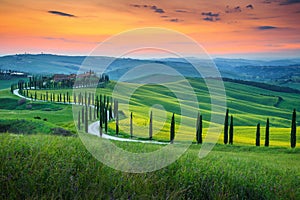 Famous Tuscany landscape with curved road and cypress, Italy, Europe