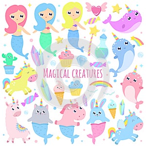 Magical creatures. Narwhal, unicorn mermaid,bunny mermaid, cat m