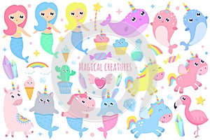 Magical creatures. Narwhal, unicorn mermaid,bunny mermaid, cat m photo