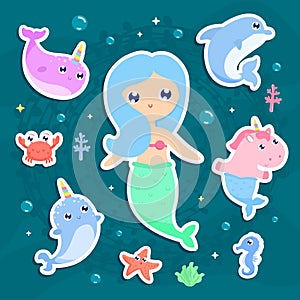 Magical creatures. Narwhal, unicorn mermaid, pegasus stickers ve