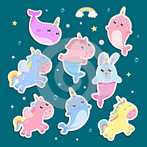 Magical creatures. Narwhal, unicorn mermaid, pegasus stickers ve