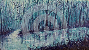 Magical creek. River in mystical forest. Impasto artwork.