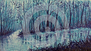 Magical creek. River in mystical forest. Impasto artwork. photo