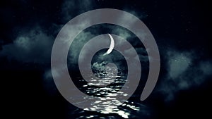 Magical Crescent Moon Above the Sea Reflecting on Water on a Cloudy Starry Night