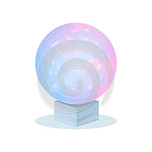 Magical crystal ball with blue-pink gradient. Glass sphere on gray stand. Ritual item. Flat vector design