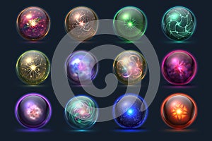 Magical crystal orbs. Glowing magic balls, mysterious paranormal wizard spheres. Vector set