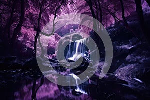 magical dark purple forest with cascading waterfall and glittering reflections