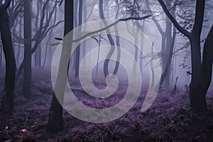 magical dark purple forest with dense fog, mysterious and magical