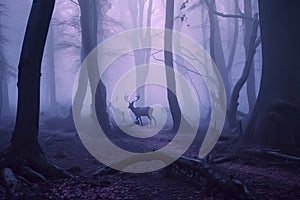 magical dark purple forest with misty fog and mystical creatures