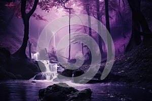 magical dark purple forest with waterfall, surrounded by mist