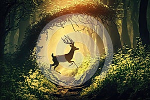 magical deer running through lush forest, with the sunlight shining through the trees